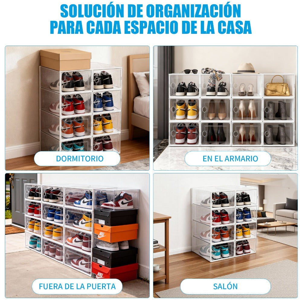 VORTEX Pack Organizador de Calzado Cajas de Zapatos Blancas y transparentes Apilables con Apertura Frontal，Sistema Antivuelco y Ventilación