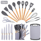 Juego de 19 piezas de accesorios para cuchillos de cocina con soporte de abanico - Artículos de cocina profesional y juego de cocina - Incluye rebanador de chef, cuchilla de carnicero y cortadores de pan - Electrodomésticos y accesorios de cocina elegante