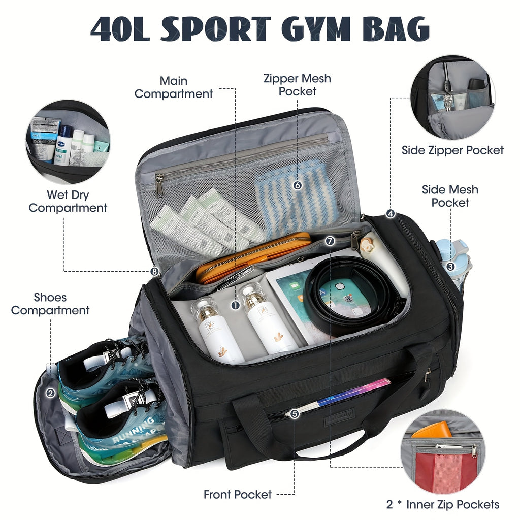 Bolsa de deportes y de viaje para hombre y mujer de 40L y 55L, bolsa deportiva grande con compartimento para zapatillas y compartimento para artículos mojados, bolsa de entrenamiento, bolsa de gimnasio y fitness, bolsa de deportes escolar, equipaje de man