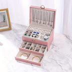 Joyero de tres capas de terciopelo y piel sintética, compacto y portátil para guardar aretes, anillos, collares y otros suministros para hacer joyas