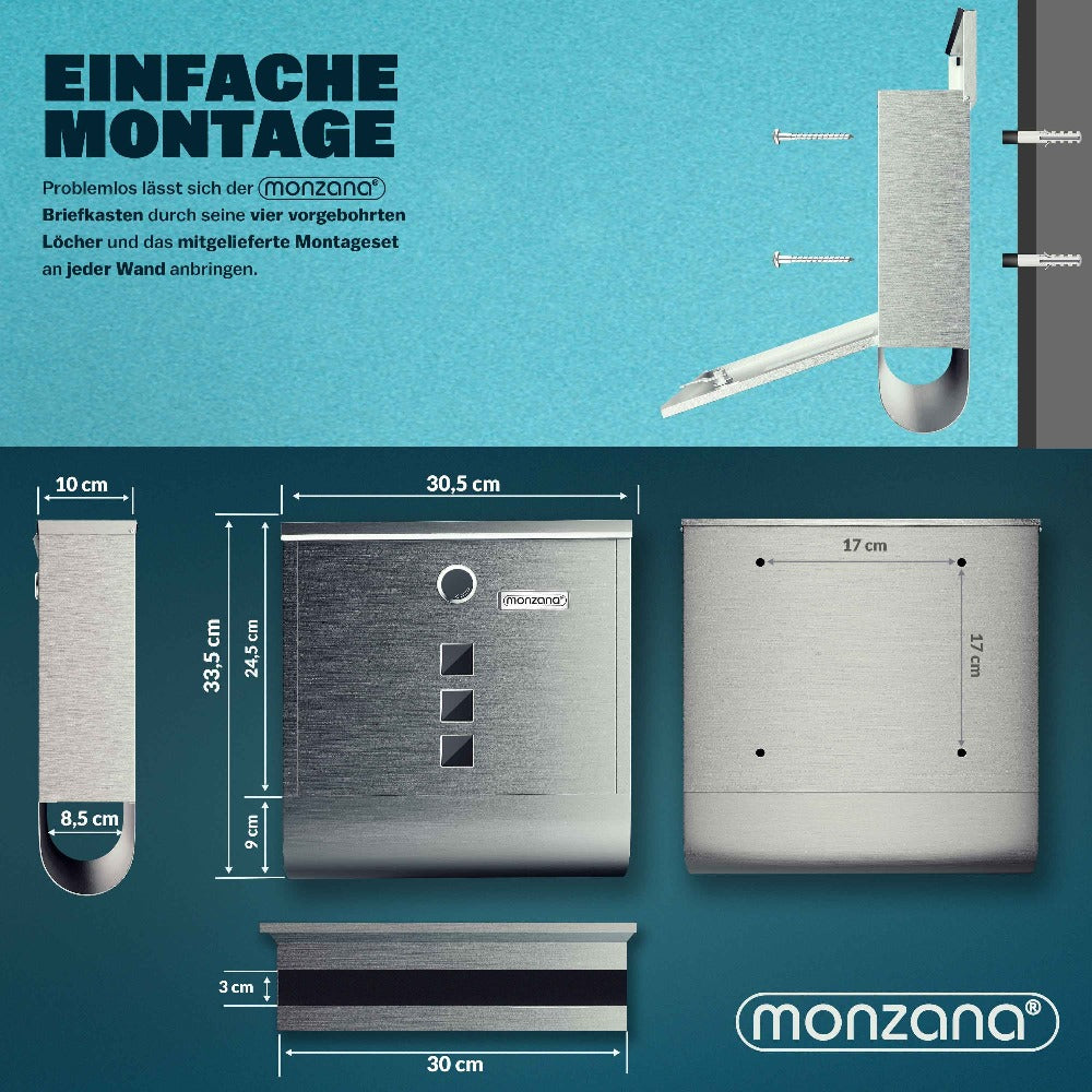 Buzón MONZANA® con Cerradura Cruzada, Cilindro de Cobre, Tapa Giratoria, 31x10x34 cm, Ventana de Visualización, Placa de Identificación, Compartimento para Periódicos, Fácil Instalación, Acero Aleado, 2 Llaves, Caja de Correo