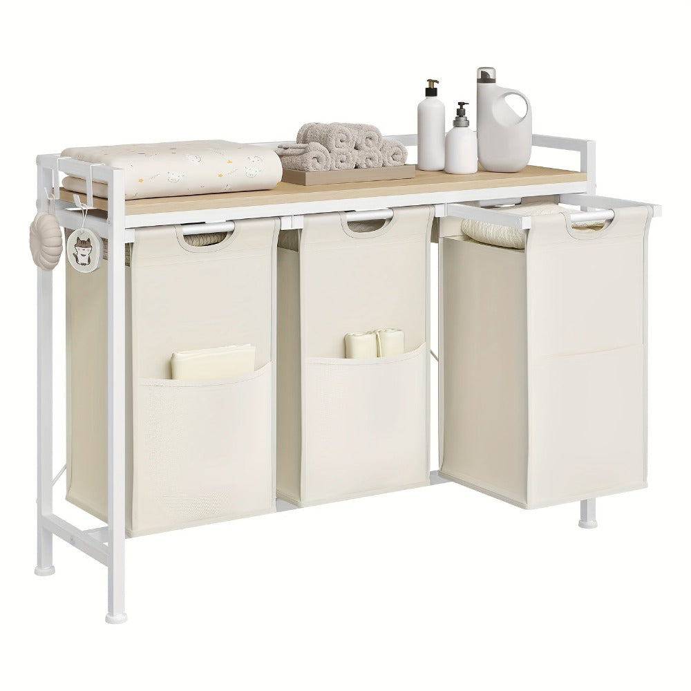 1pc Estante de baño, Cesta de almacenamiento, Cesta de lavandería 3 compartimentos, Colector de lavandería con marco de metal y estantes, Bolsa de lavandería de tela expandible y removible, Cubo de lavandería para clasificar la ropa Blanco, Cestas de lava