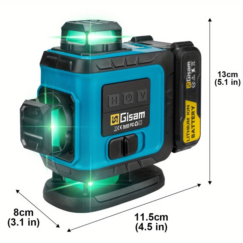 Nivel láser láser verde 4D multifuncional Gisam de 16 líneas con trípode y control por aplicación, autonivelante 360° con líneas cruzadas horizontales y verticales, alimentado por USB y batería, incluye estuche de transporte, haz superpotente, diseño port