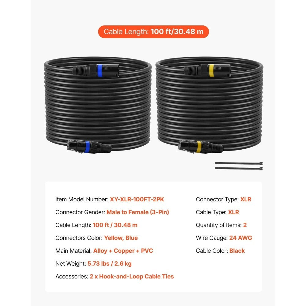 Cable XLR VEVOR 30.48 m, Paquete de 2, Cable DMX Balanceado Blindado Macho a Hembra para Micrófonos, Cable de Altavoz XLR de 3 Pines Chapado en Oro, para Iluminación de Escenario, Micrófonos, Amplificadores, Mezcladores, Sistemas de Altavoces