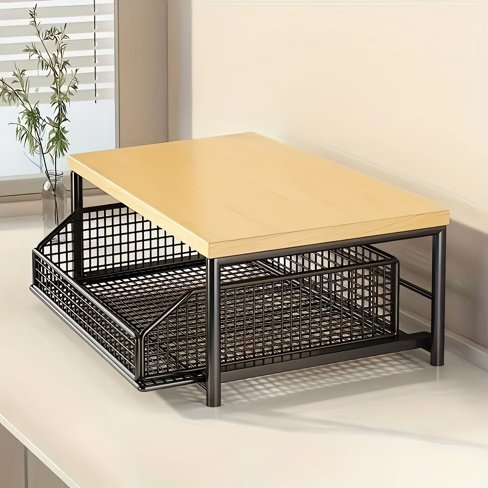 Estante de almacenamiento para cápsulas de café con cajones - Apto para cafeteras, estante deslizante para olla arrocera eléctrica, estante deslizante para microondas, almacenamiento metálico tipo cajón para microondas, almacenamiento y organización de co