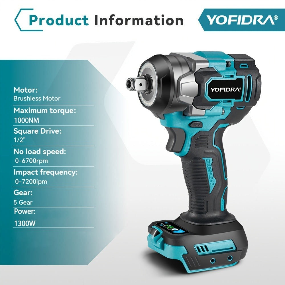 Llave de impacto eléctrica sin escobillas de 1000 N.m, juego de destornillador taladro inalámbrico de 1/2 pulgada, herramientas eléctricas para instalación automotriz y de muebles, compatible con baterías YOFIDRA