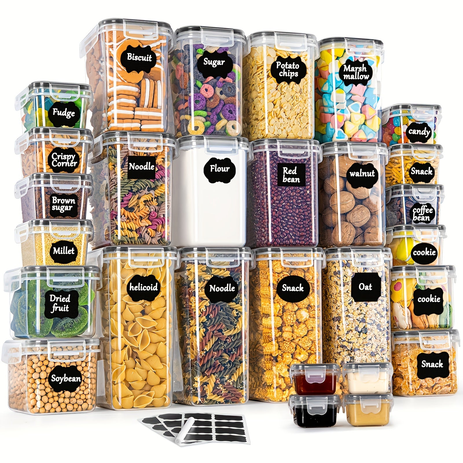 28 Contenedores Herméticos para Alimentos, Esenciales del Hogar, Tarros de Cocina con Tapas para Organización y Almacenamiento en la Despensa, Juego de Frascos Plástico para Cereales, Pasta, Harina Y Azúcar, Comida Para Mascotas, Etiquetas E Marcadores, M