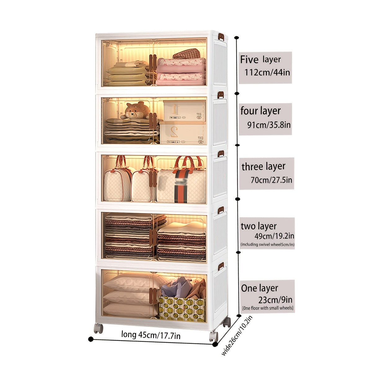 Contenedores de almacenamiento de plástico de 60 cm, cajas apilables con tapas, contenedores plegables con ruedas bloqueables para dormitorio, sala de estar, estudio y oficina