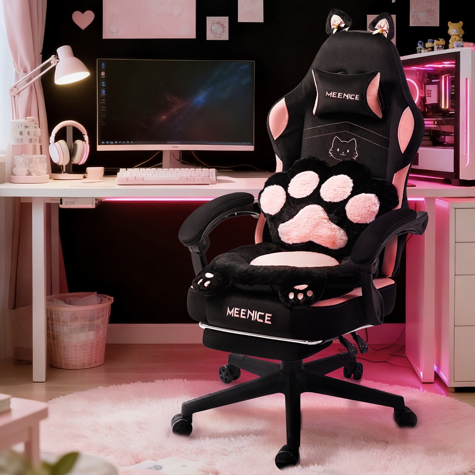 Silla de Oficina Rosa Adorable, Forma de Orejas de Gato con Respaldo de Patas de Gato - Silla Ergonómica Reclinable para Computadora, con Reposapiés Ajustable, Capacidad de Carga de 136.08 KG, Asiento Estético Exclusivo para Adultos, Máxima Comodidad