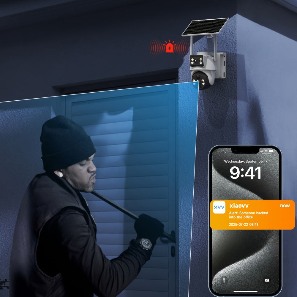 XIAOVV Cámara de Seguridad Solar de Doble Lente de 8MP, Alimentada por Batería, Conexión Wifi 2.4G, Visión Nocturna a Color, Seguimiento Automático de Humanos, Audio Bidireccional, Cámara de Vigilancia Inalámbrica PTZ para el Hogar con Rotación Horizontal