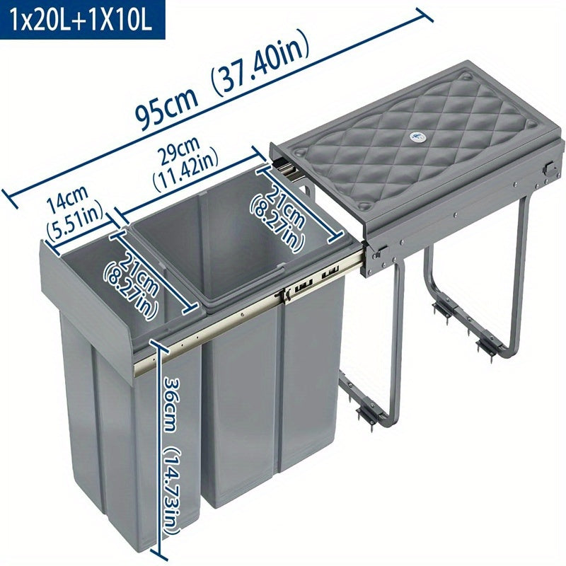 Cubo de Basura Empotrado Debajo del Gabinete, Contenedor de Residuos de Cocina, Recogedor de Basura Extensible, Sistema de Separación de Residuos con Rieles Telescópicos, Gris