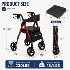 Andador Rollator Plegable para Adultos Mayores, Ayuda de Movilidad Ligera de Aluminio, Ruedas Univer Todoterreno de 20.32cm, Altura Dual Ajustable, Asiento y Respaldo Acolchado Ergonómico de PU, Capacidad de Peso de 136.08 KG