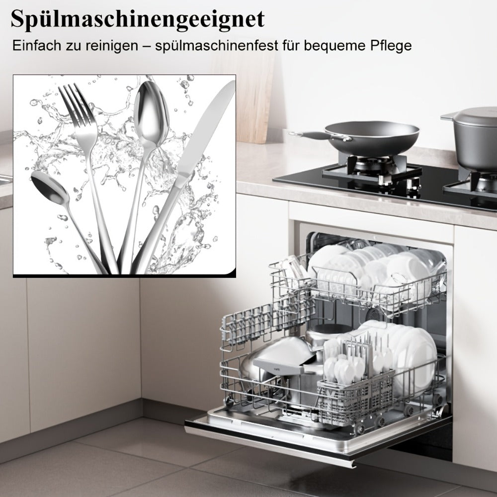 Juego de cubiertos de acero inoxidable de 48 piezas para 12 personas | Elegante caja de regalo, cubiertos premium, pulido espejo, apto para lavavajillas, cuchillos para bistec, tenedores y cucharas ergonómicas | para reuniones familiares, bodas, inaugurac