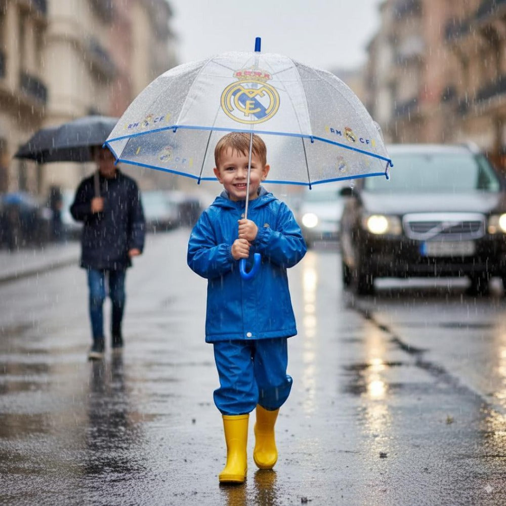 Paraguas Infantil Real Madrid para Niños – Diseño Resistente y Seguro con Diseño Oficial del Real Madrid – Paraguas Colorido para Colegio y Protección en Días de Lluvia