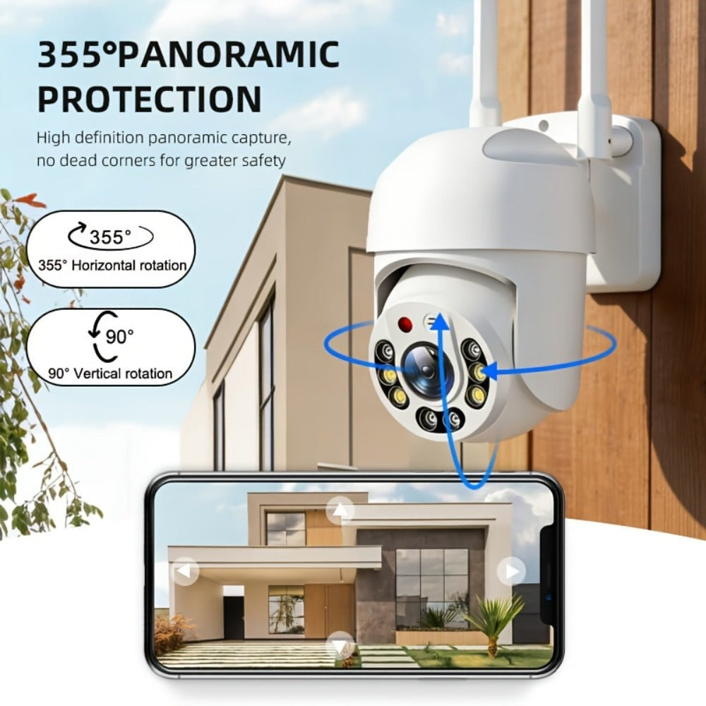 Cámara de seguridad Wifi para exteriores de 2.4Ghz, montaje en pared blanco, vista panorámica, visión nocturna a color, seguimiento automático, audio bidireccional y monitoreo de audio, alimentada por USB, habilitada para Wi-Fi, para granjas y jardines al