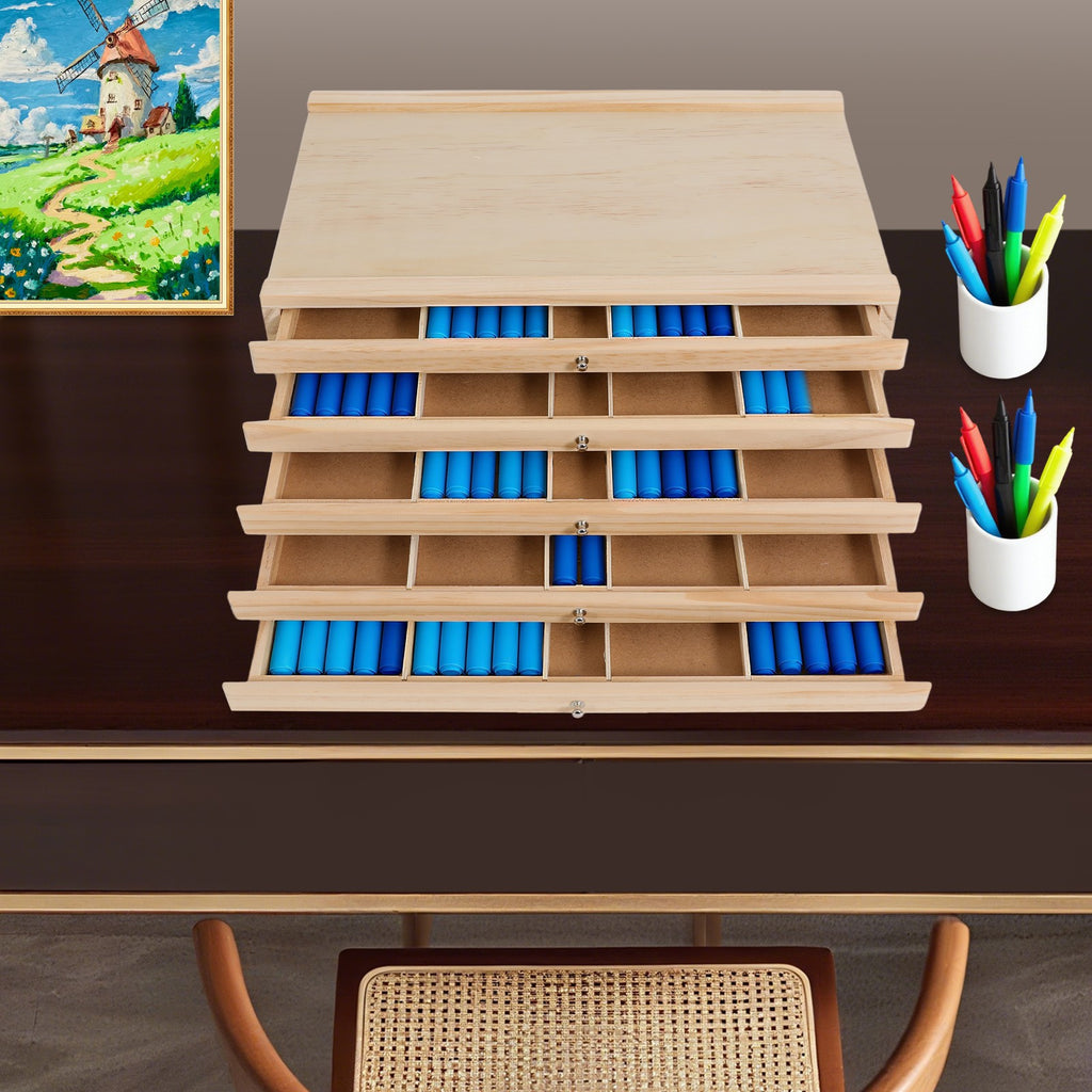 Caja de almacenamiento de madera de 5 cajones con compartimentos - Color madera, adecuada para oficina, organización, compatible multicolor para manualidades, papelería - Mueble de material, almacenamiento de costura