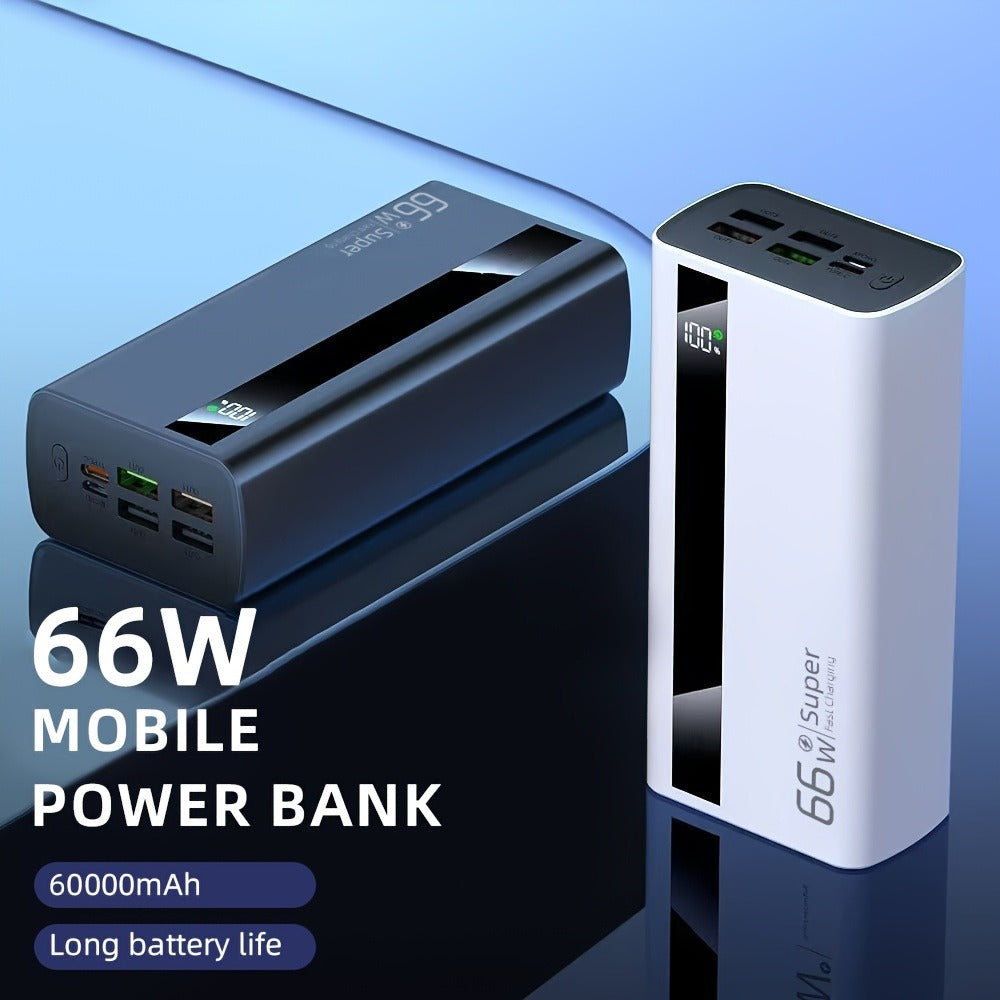 Un cargador portátil de 60000 mAh con capacidades de carga rápida, que cuenta con una pantalla digital inteligente, fabricado con tecnología de polímero de litio, ofrece una alta capacidad para cargar varios dispositivos al mismo tiempo, perfecto como reg