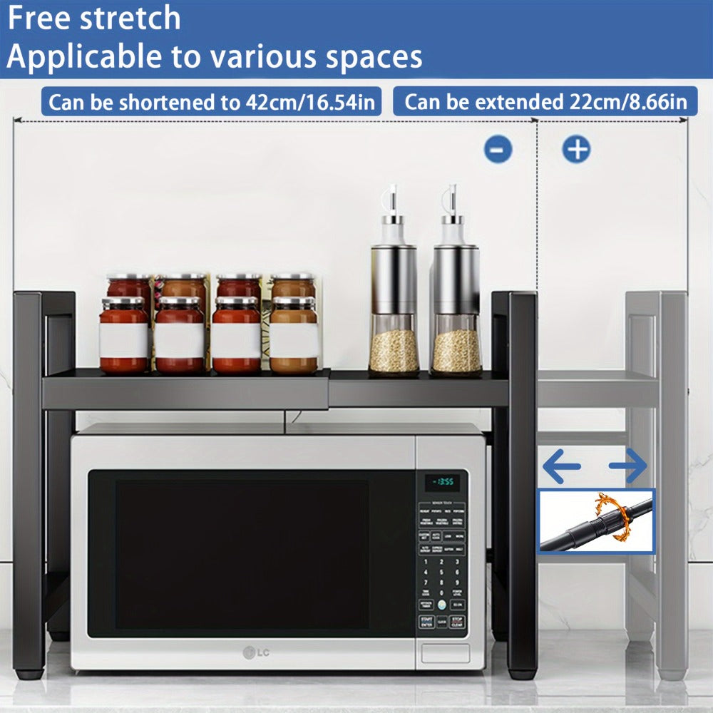 Estante de microondas extensible, estante de microondas de 2 niveles con 3 toallas, 5 ganchos, soporte para palillos y estante para tabla de cortar, organizador de cocina, estante para hornear en microondas, encimera, extensible de 40-64 cm (Negro, Blanco
