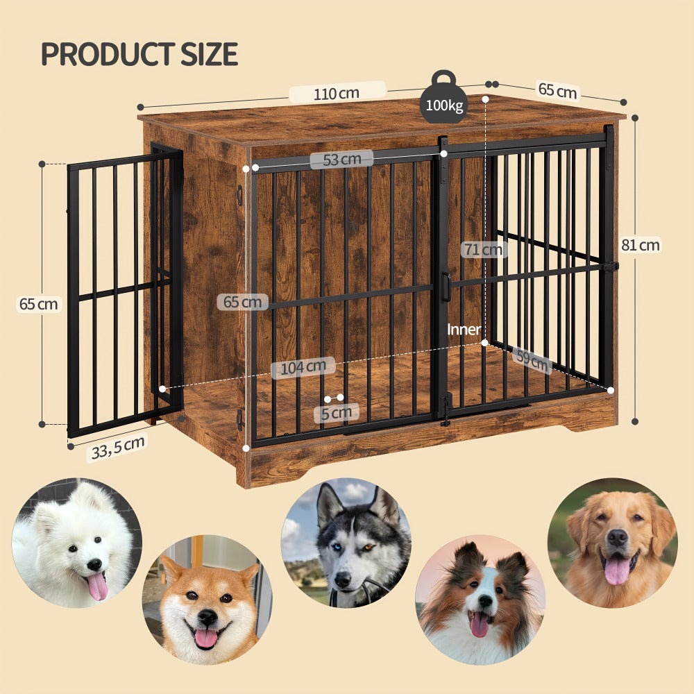 Jaula para Perros de Mueble, 110 cm, 2 Puertas, Jaula Moderna para Interiores, Adecuada para Perros Pequeños/Medianos/Grandes de hasta 100 kg, Mesa Lateral, Puertas Corredizas Reforzadas, 65 × 110 × 81 cm, Marrón Vintage