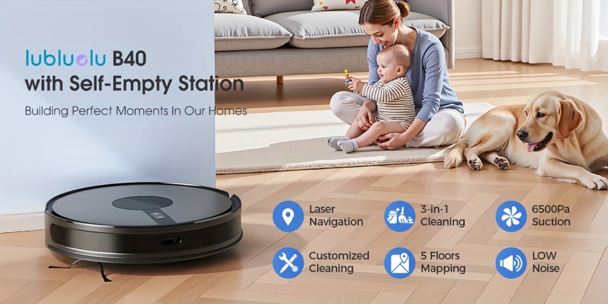 Lubluelu B40 Robot Aspirador, Robot Aspirador y Trapeador 3 en 1, 6500Pa, Bajo Ruido 62Db, Cuerpo Ultra-Delgado de 9.98 cm, Mapeo de 5 Pisos, Limpieza Diversificada, Robot Aspirador para Pelo de Mascotas, Alfombra, Piso Duro, Regalos de Navidad y Hallowee