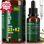 Gotas de Vitamina D3 K2 de Dosis Alta - 50 ml, 1000 IU de Vitamina D3 por Día por Gotita, Dosis Alta - Vegana, Sin Aditivos, Producido en Alemania.