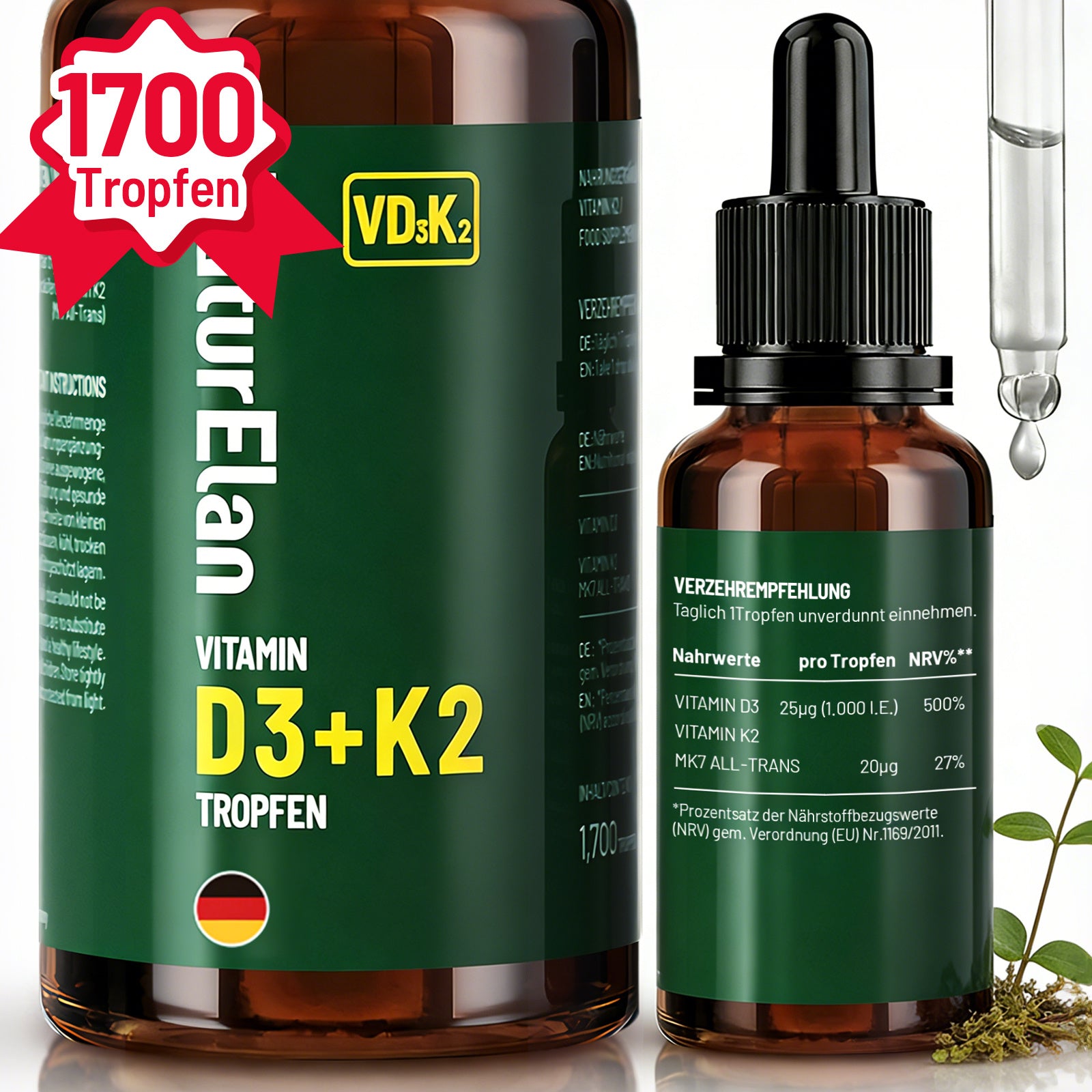 Gotas de Vitamina D3 K2 de Dosis Alta - 50 ml, 1000 IU de Vitamina D3 por Día por Gotita, Dosis Alta - Vegana, Sin Aditivos, Producido en Alemania.