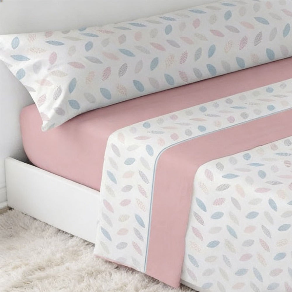 Juego de cama de 3 piezas con estampado de verano | Sábana bajera, colcha, funda de almohada | Estampado sencillo de hojas coloridas | Tela suave | 90 cm - Varios tamaños disponibles - Rosa