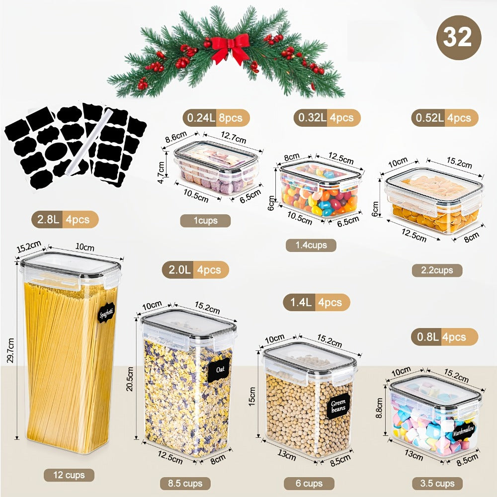 Juego de almacenamiento de cocina de alta gama de 32 piezas. Contenedor de almacenamiento sellado, utilizado para refrigeradores, salas de té y gabinetes. La opción ideal para harina, azúcar, pasta, granos y aditivos para pasteles. Incluye bolígrafo y eti