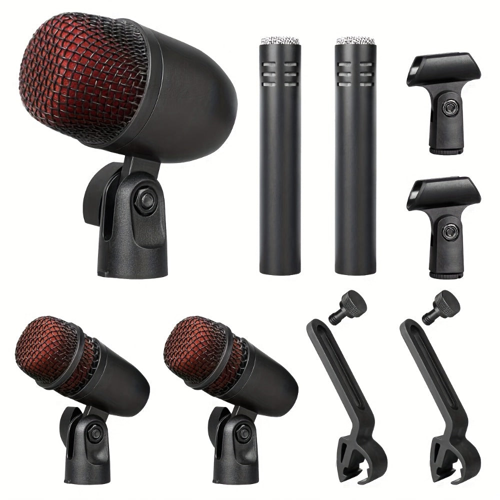 Juego de 7 micrófonos dinámicos de metal para batería - Adecuados para grabación profesional de batería con micrófonos para bombo, tom/snare y platillos, equipados con pinzas para micrófono