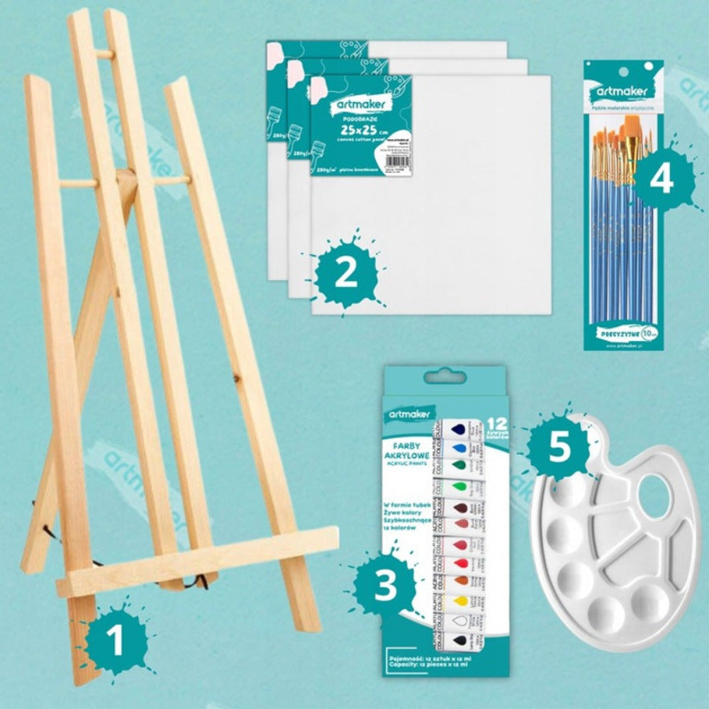 Set de Pintura Artmaker Grande - Kit Artístico Completo con Caballete de Madera de 50cm, 3 Lienzos (25x25cm), 12x12ml de Pinturas Acrílicas, 10 Pinceles y Paleta de Pintura - Suministros de Arte Profesionales para Principiantes y Artistas Avanzados - Rega