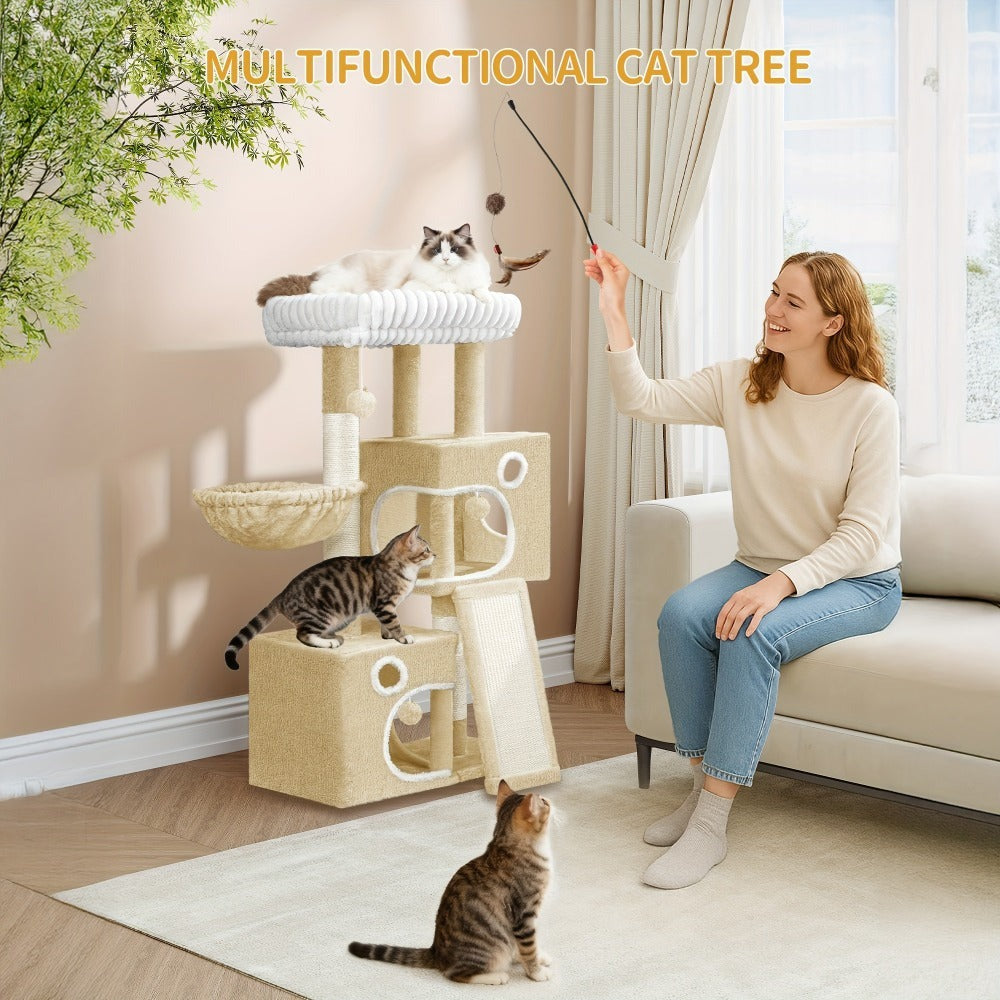 Torre para Gatos Pequeña, 98Cm de Alto, Espaciosa y Robusta, con un Perch Grande Suave, Juguetes de Felpa, Escondites, Postes para Rascar, Alfombrilla para Rascar Gatos, Disponible en Gris Claro/Gris Oscuro/Beige