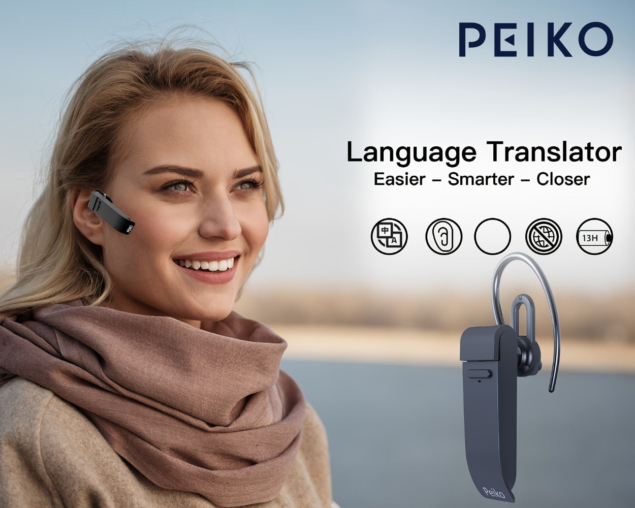 PEIKO WOLRD Auricular con Traductor de Idiomas: Soporte para 136 Idiomas, Traducción en Vivo y Voz Sin Conexión a Internet (11 Lenguas)