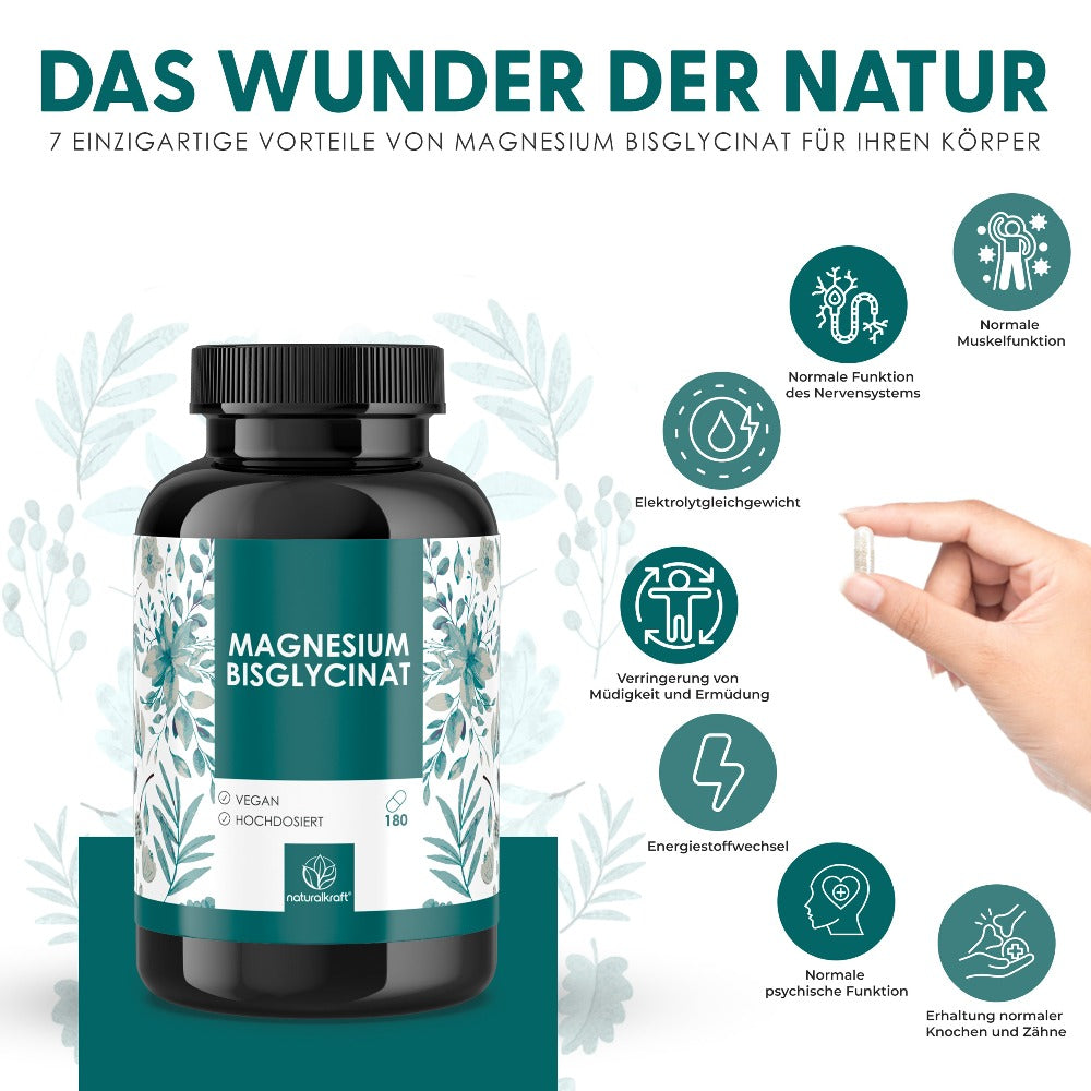 Cápsulas de Bisglicinato de Magnesio – 2400 mg de Bisglicinato de Magnesio por Dosis Diaria – 300 mg de Magnesio Elemental – 180 Cápsulas – Vegano