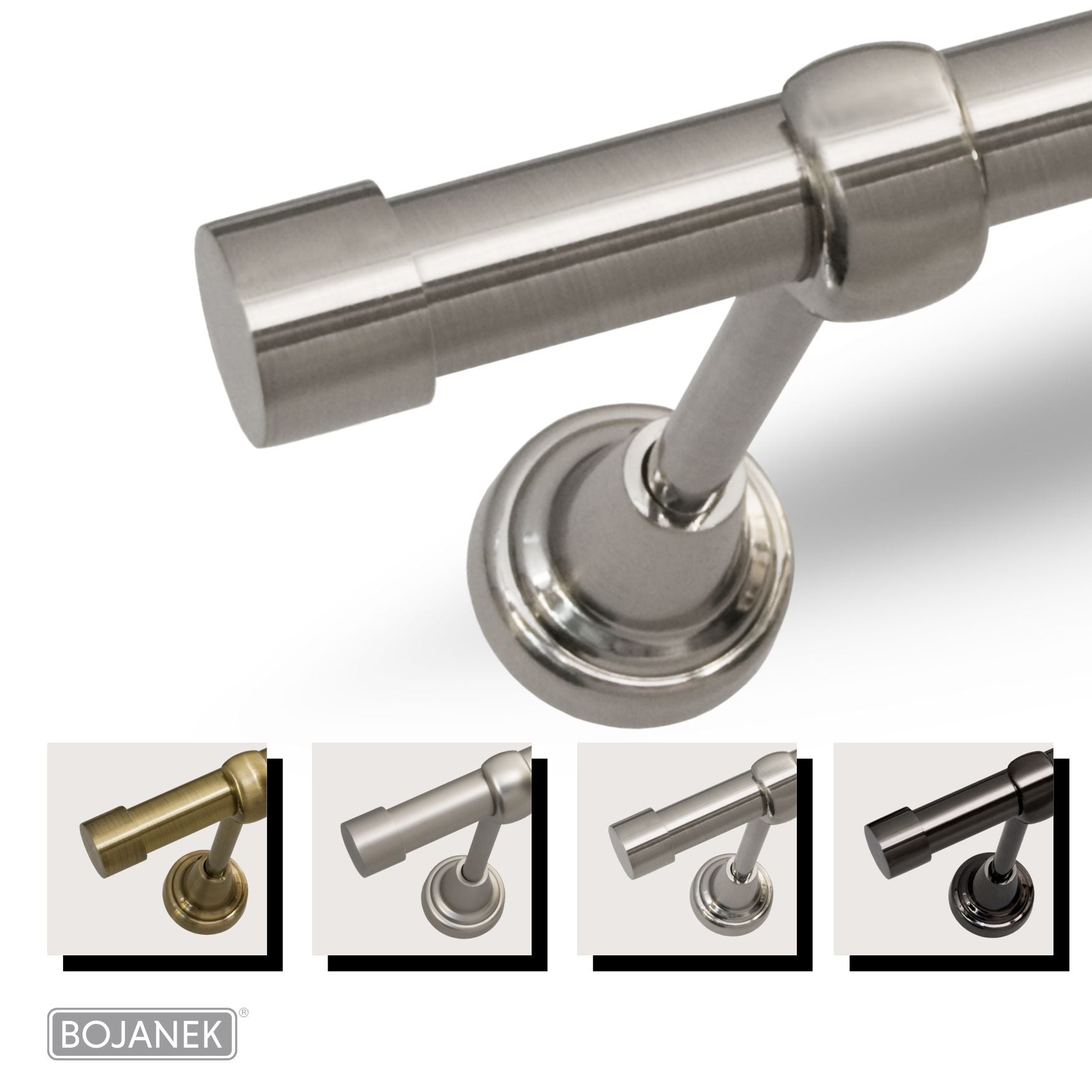 Barra de Cortina de Metal Montada en la Pared para Cortinas y Visillos – BOJANEK – 4 Colores, 8 Longitudes (120 - 600 cm) – Barra de Cortina Robusta, Ajustable y Duradera para Sala, Dormitorio, Cocina, Baño, Oficina; Barra de Cortina Perfecta para Interio