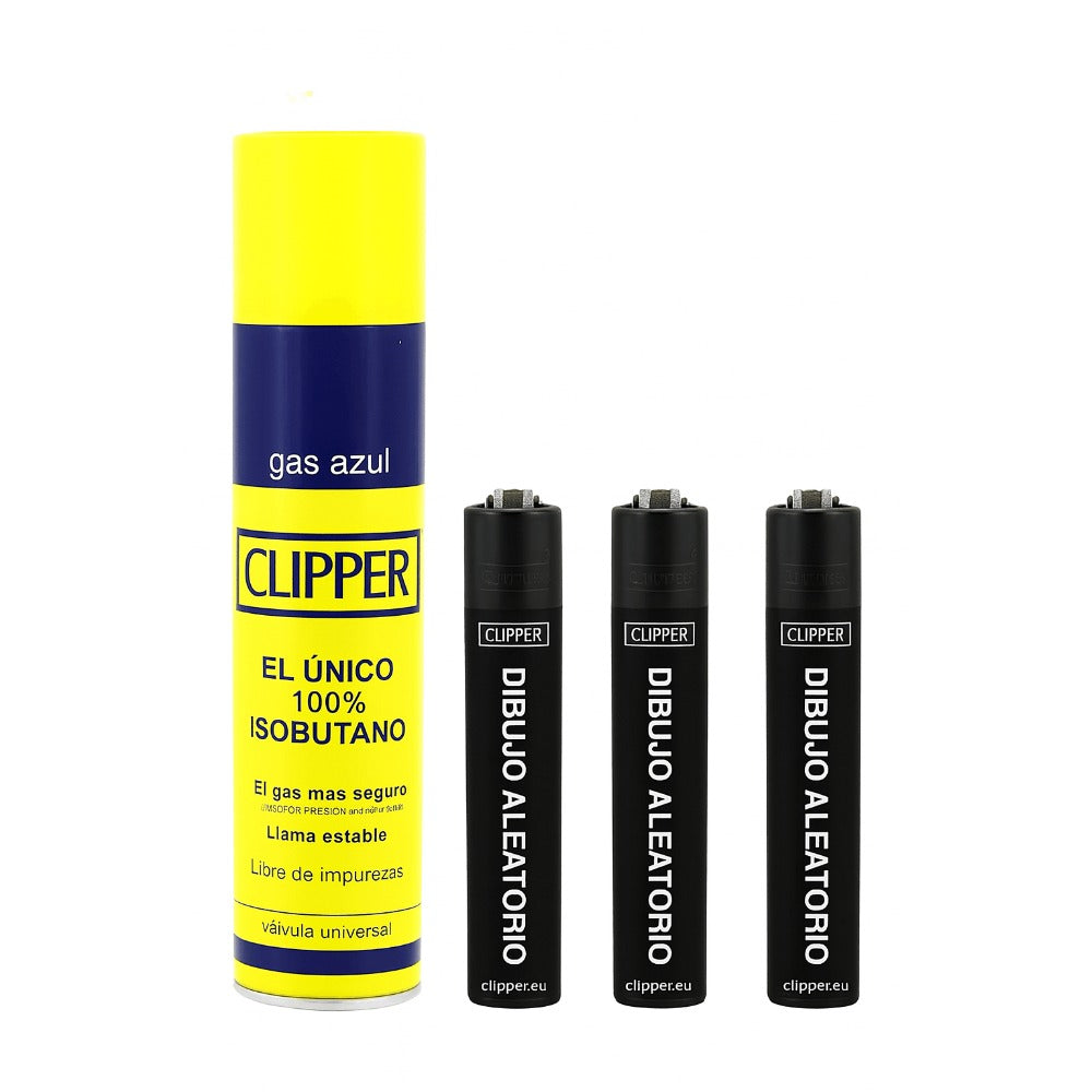 Lote botella de gas Isobutano y 3 mecheros aleatorios con dibujos modernos y nuevas colecciones de clipper.