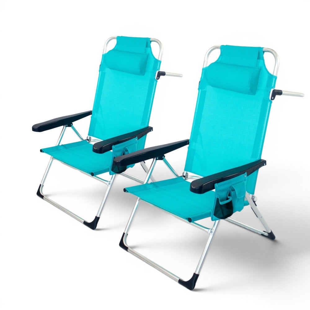 Silla Playa Plegable, Sillon Alto con Cojín, Reclinable, Altura del Asiento 29,5 cm, Asa de Transporte, Bolsillo para Movil y Bebida Textileno Resistente, Jardin, Camping, Hamaca