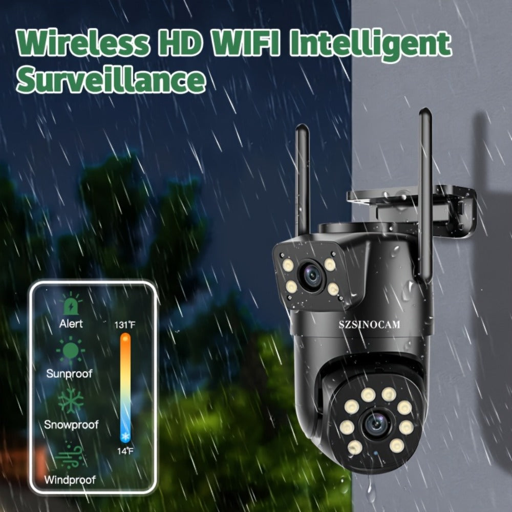 Juego de 3 cámaras de seguridad WiFi SZSINOCAM de 4MP con 2 lentes y 2 pantallas, total 4MP, doble lente 2.4GHz, no compatible con 5GHz, seguimiento humano con IA, visión nocturna en color, para exteriores, previene daños por lluvia, audio bidireccional,