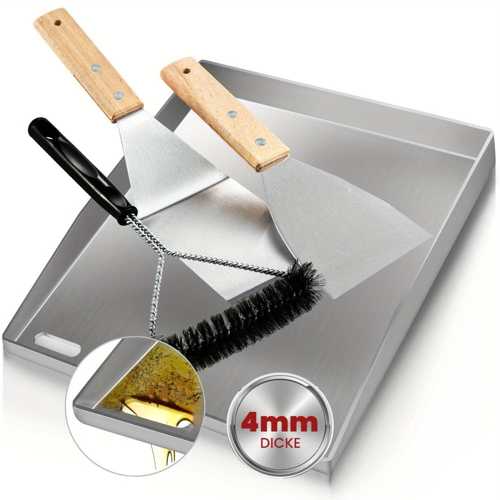 Plancha de Acero Inoxidable para Parrilla, Plancha Sólida de 4 mm con 2 Espátulas y Cepillo, ¡Perfecta para Parrillas de Gas/Carbón, Ideal para BBQ, Panqueques y Más!