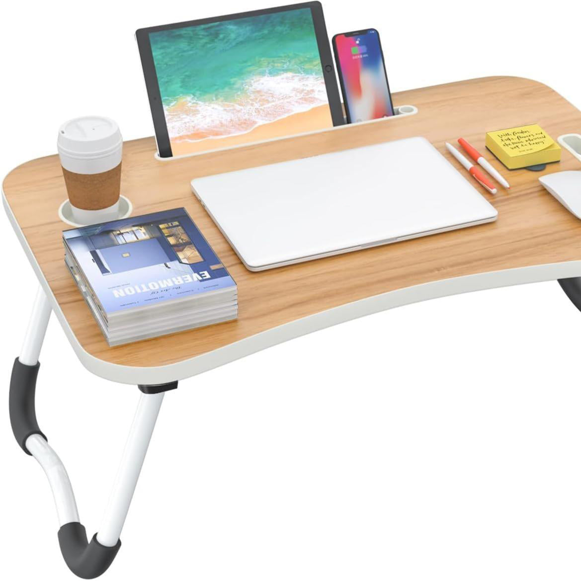 Mesa plegable para cama y sofá con portavasos, mesa auxiliar multifunción con atril para leer en la cama, bandeja multifunción para ordenador, libros, trabajo y estudio en casa (50x30x22cm)