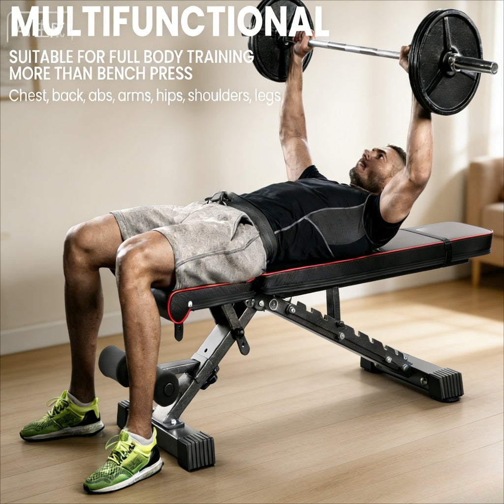 Banco de pesas versátil, banco de ejercicios plegable con una capacidad de carga de 299.37 KG, soporte mejorado para cabeza, cuello y columna vertebral, posiciones de inclinación, declinación y plana ajustables para entrenamiento de fuerza en el gimnasio