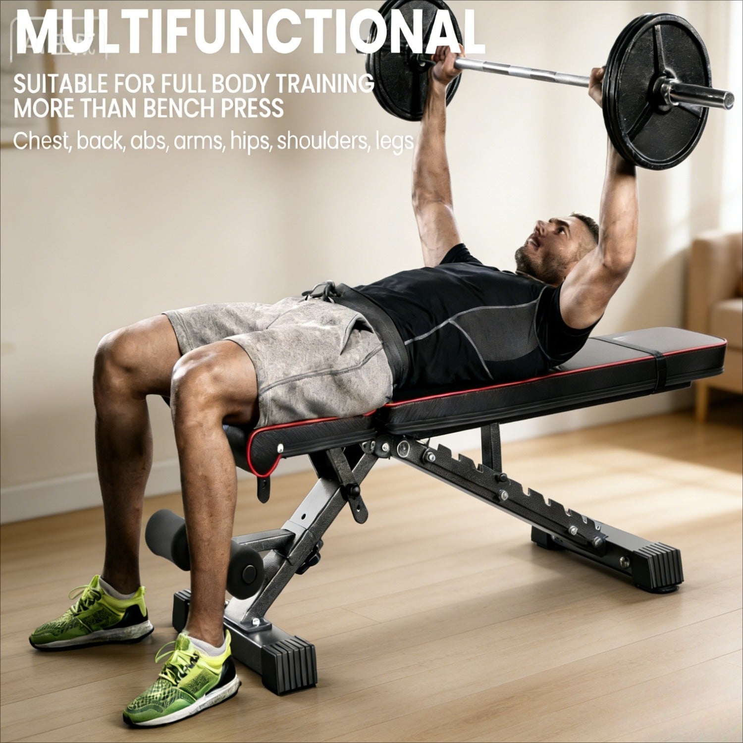 Banco de pesas versátil, banco de ejercicios plegable con una capacidad de carga de 299.37 KG, soporte mejorado para cabeza, cuello y columna vertebral, posiciones de inclinación, declinación y plana ajustables para entrenamiento de fuerza en el gimnasio