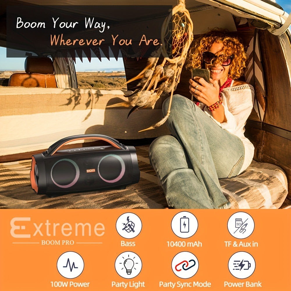 Altavoz Portátil Inalámbrico para Exteriores DOSS 100W 5.3 con Sonido Estéreo, Bajos Intensos, 20 Horas de Reproducción, Batería Externa de 10400 Mah, Luz de Fiesta de Color Mezclado, Altavoz Portátil IPX6 para Camping, Playa