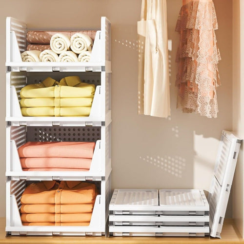 4 piezas Organizador de Armario | Cajón Apilable, Sistema Extensible y Plegable, Caja de Almacenamiento de Ropa de Plástico para Dormitorio, Cocina, Blanco - Furnestorica