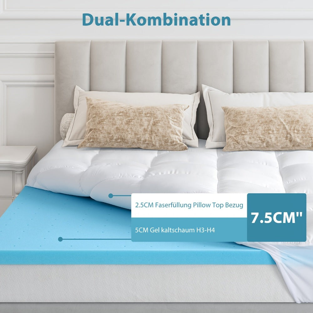 Colchón Topper de Doble Capa 10cm o 7.5cm con Almohadilla Transpirable de 2.5cm y Gel H3-H4 de 7.5cm o 5cm, Diseño de Bolsillo Profundo 360° y Funda Lavable a Máquina, Apto para Colchones 90x200, 120x140, 140x200, 160x200, 180x200, 200x200