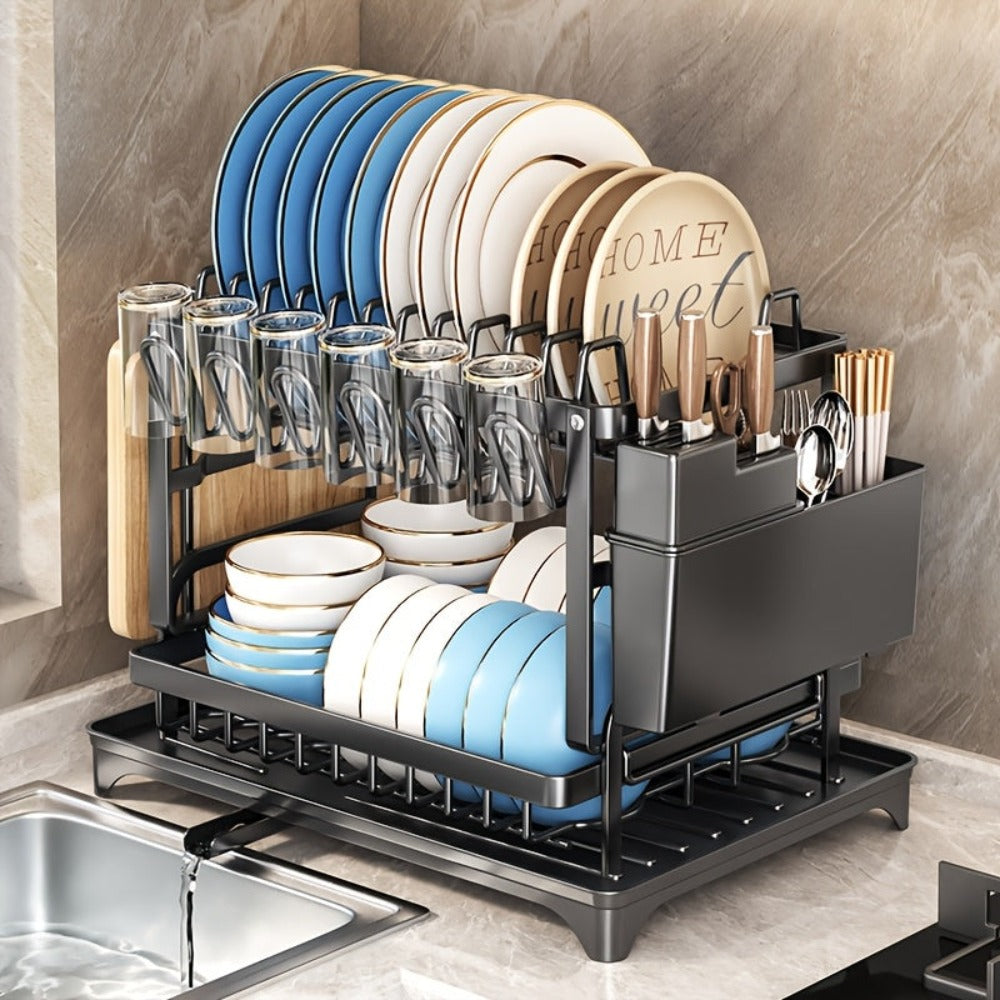 Escurridor de platos de acero al carbono de 2 niveles para encimera de cocina, escurridor de platos que ahorra espacio, con soporte para utensilios y soporte para tabla de cortar, escurridor de gran capacidad con sistema de drenaje giratorio