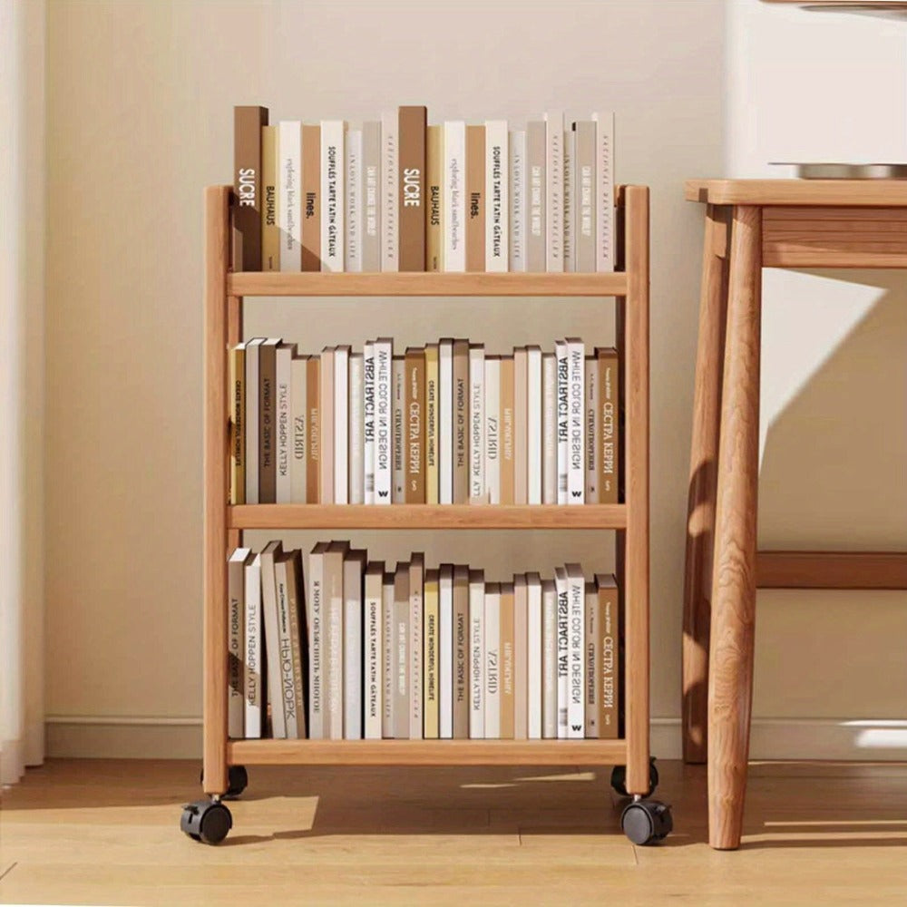 Carrito de madera de tres niveles, estante de almacenamiento con valla, carrito de cocina móvil con ruedas omnidireccionales, fácil de limpiar, adecuado para baños, dormitorios y estantes de sala de estar, estante de pie, estante de pie