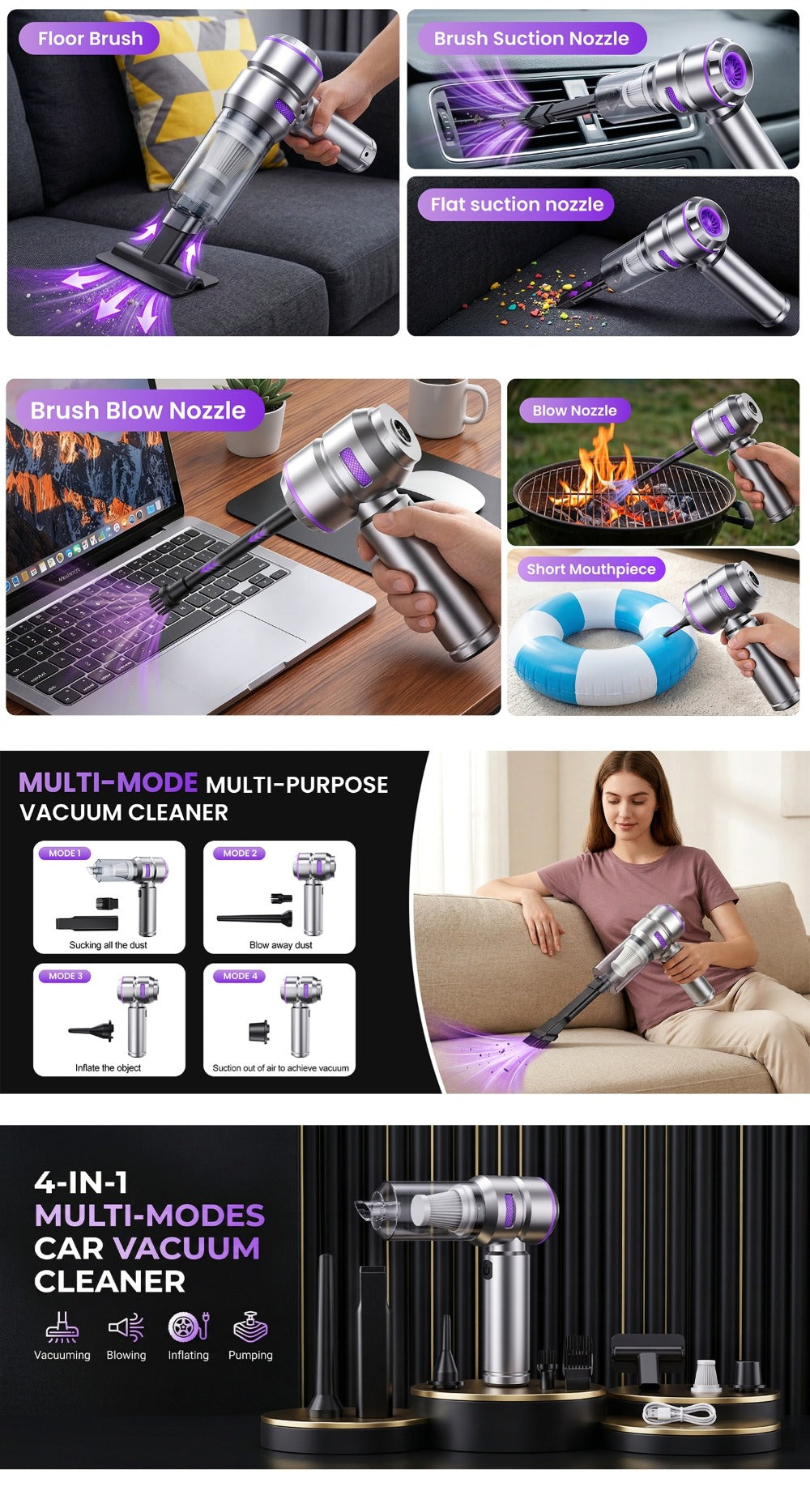 Aspiradora portátil inalámbrica de mano con soplador y succión en uno, carga USB, filtro lavable, equipada con batería de litio duradera, adecuada para limpiar polvo, migas de snacks, pelo, apta para sofás, alfombras, escritorios, escaleras.