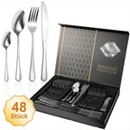 Juego de cubiertos de acero inoxidable de 48 piezas para 12 personas | Elegante caja de regalo, cubiertos premium, pulido espejo, apto para lavavajillas, cuchillos para bistec, tenedores y cucharas ergonómicas | para reuniones familiares, bodas, inaugurac