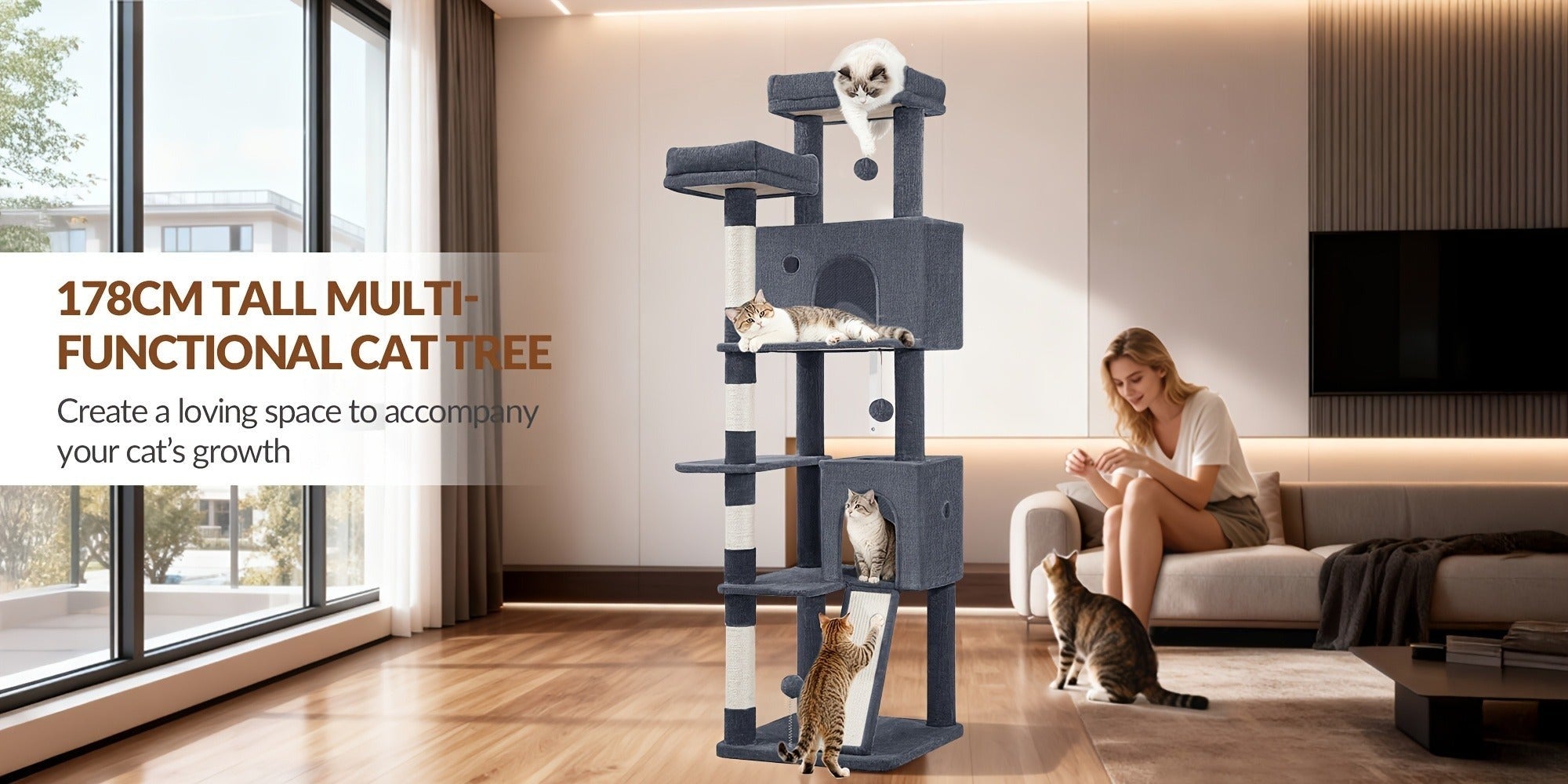 Fobyfurny Árbol para Gatos, Torre de 178cm para Gatos de Interior, Marco de Escalada para Gatos de Múltiples Niveles con Postes Rascadores, Tabla Rascadora, 2 Condominios Cómodos, 2 Perchas, Pompones, Lugar de Descanso