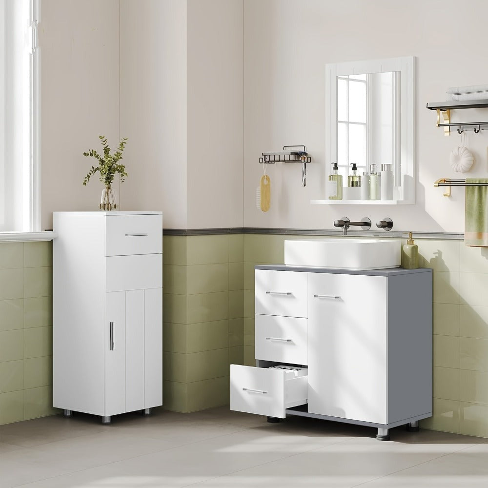 1pc Armario de Medicina, Tocador con 3 Cajones, Gabinete con 2 Compartimentos, Armario para Baño con Estante Ajustable, 60 x 60 x 30 cm, Blanco + Gris/Blanco/Blanco + Roble